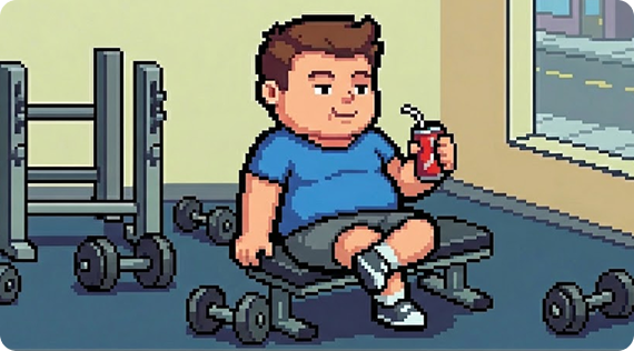 Pixel art illustration of a person sitting on a gym bench holding a soda can, representing low fitness motivation